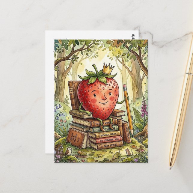Strawberry Royalty on a Book Throne Postcard (Front/Back In Situ)