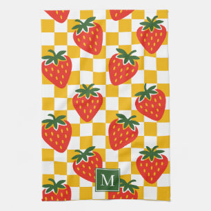 Strawberry Rustic Farmhouse Checkered Monogram Kitchen Towel