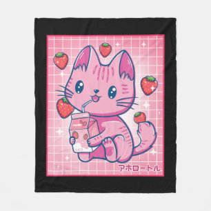 Strawberry Shake Strawberry Milk Cat Kawaii Neko G Fleece Blanket