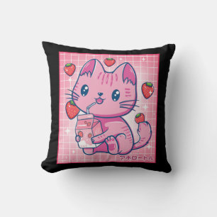 Strawberry Shake Strawberry Milk Cat Kawaii Neko G Throw Pillow