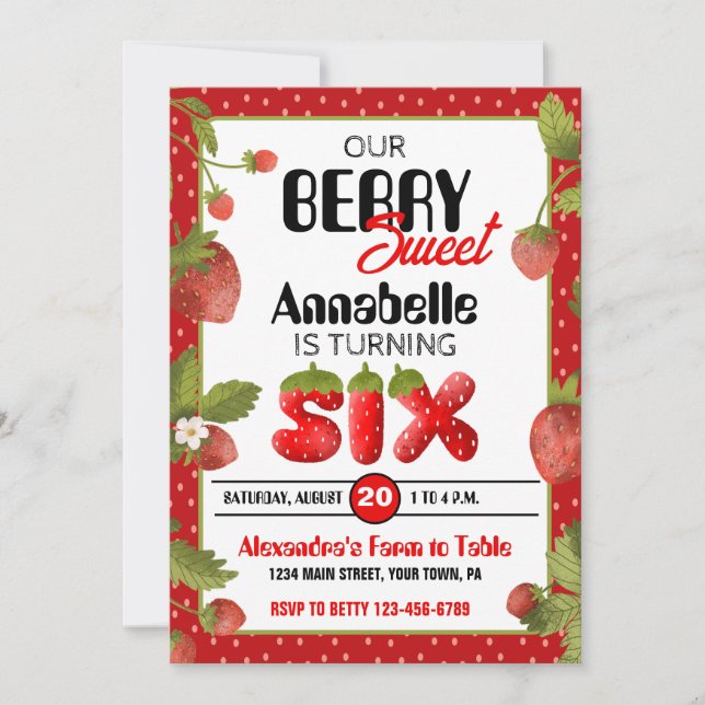 Strawberry Sixth Birthday Party Invitation (Front)