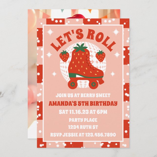 Strawberry Skates | Retro Roller Skating Birthday  Invitation (Front/Back)