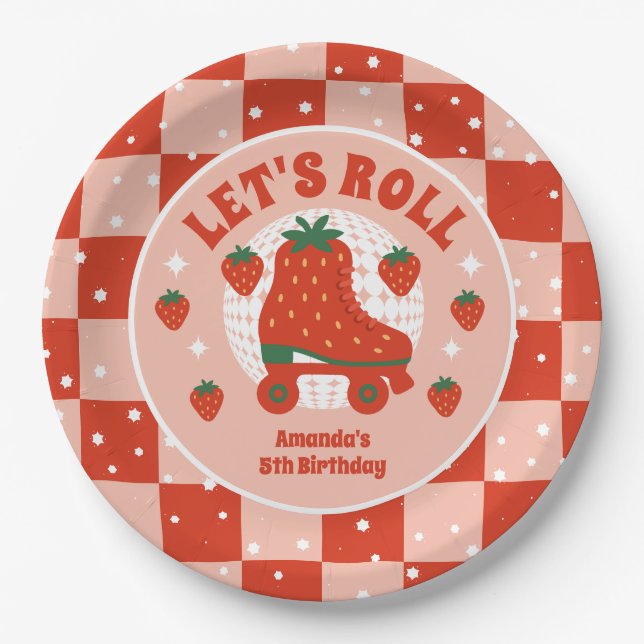 Strawberry Skates | Retro Roller Skating Birthday Paper Plate (Front)