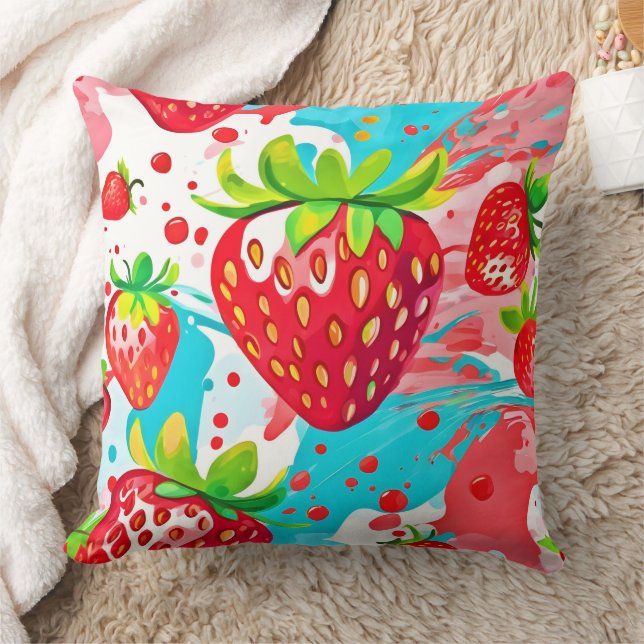Strawberry Splash Pattern Throw Pillow (Blanket)