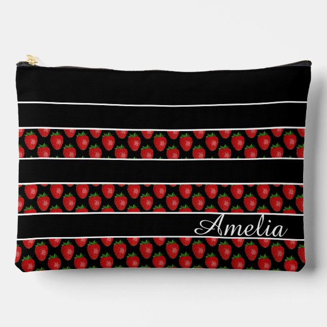 Strawberry Stripes Black Personalised Accessory Pouch (Front)