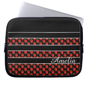 Strawberry Stripes Black Personalised Laptop Sleeve
