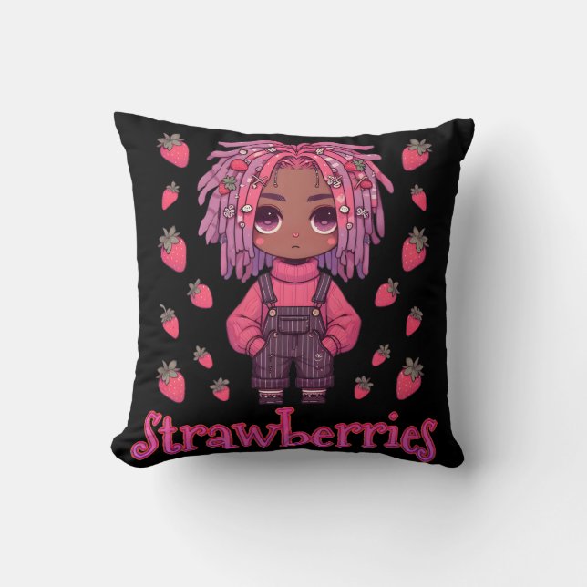 Strawberry Sullen: Kawaii Dark Skin Anime Boy Throw Pillow (Front)
