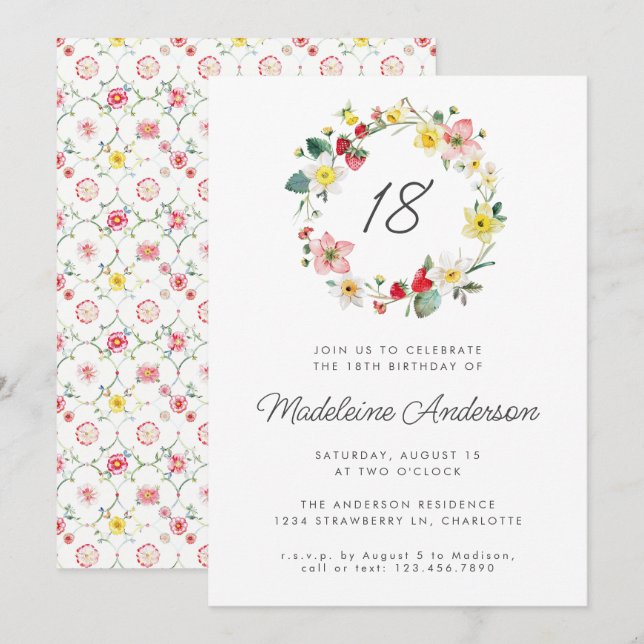 Strawberry Summer Flower Wreath 18th Birthday Invitation (Front/Back)