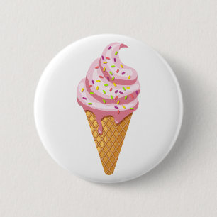 Strawberry sundae in waffle cone with topping 2 inch round button