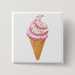 Strawberry sundae in waffle cone with topping 2 inch square button
