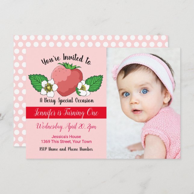 Strawberry Sweet 1st Birthday Invitation (Front/Back)