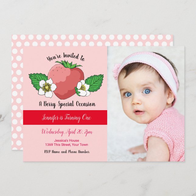 Strawberry Sweet 1st Birthday Invitation (Front/Back)