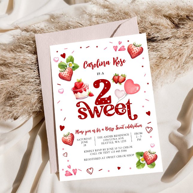 Strawberry Sweet 2nd Birthday Invitation (Creator Uploaded)