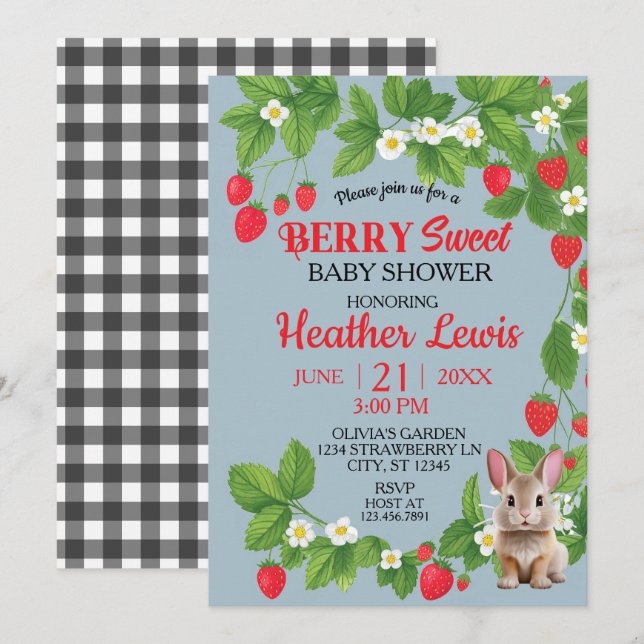 Strawberry Sweet Bunny Baby Shower (Red & Blue)  Invitation (Front/Back)