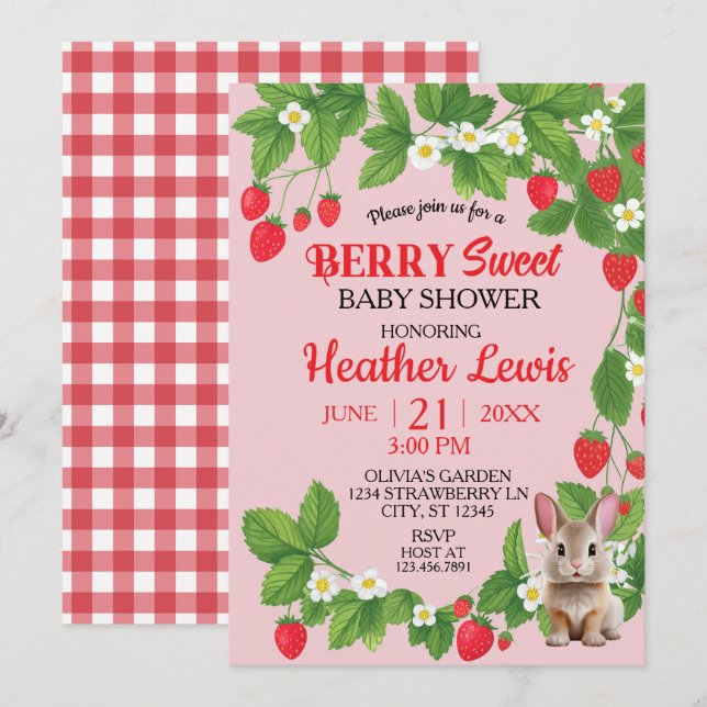 Strawberry Sweet Bunny Baby Shower (Red & Pink)  Invitation (Front/Back)