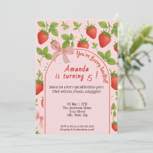 Strawberry Sweet Kids Birthday Invitation   Pink