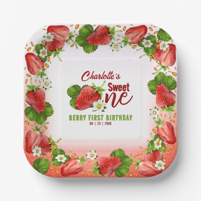 Strawberry Sweet ONE First Birthday Party Paper Plate (Front)