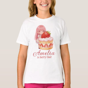 Strawberry Sweet Watercolor Girl 1st Birthday T-Shirt