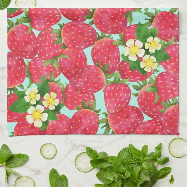 Strawberry Teal Kitchen Towel (Folded)