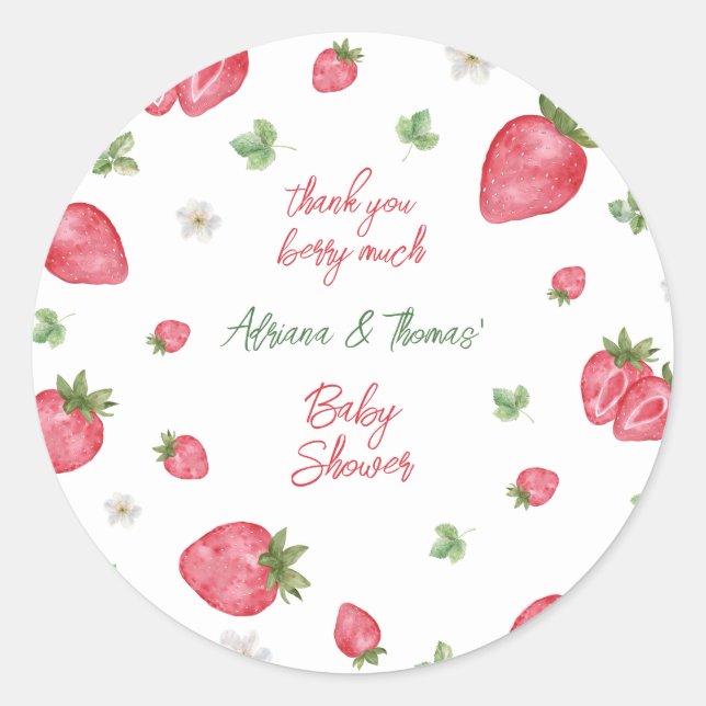 Strawberry Thank You Berry Much Baby Shower Classic Round Sticker (Front)