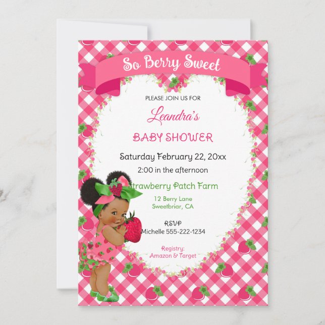 Strawberry Theme Baby Girl Gingham Pink Green  Invitation (Front)