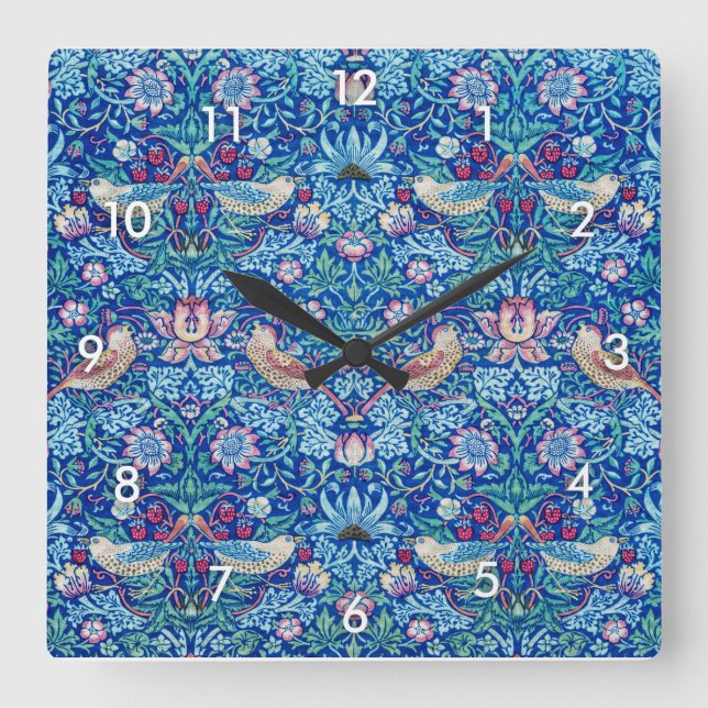 Strawberry Thief Blue, William Morris Square Wall Clock (Front)