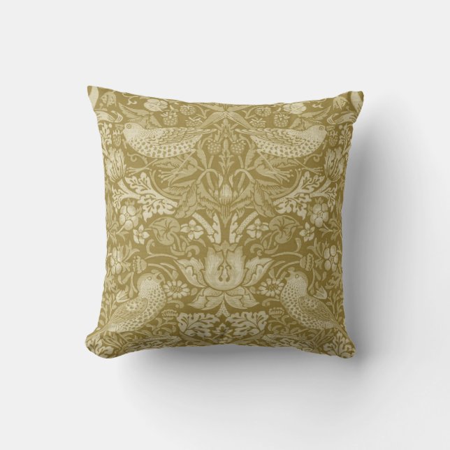 Strawberry Thief Gold, William Morris Throw Pillow (Front)