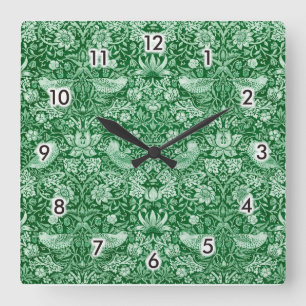 Strawberry Thief Green, William Morris Square Wall Clock