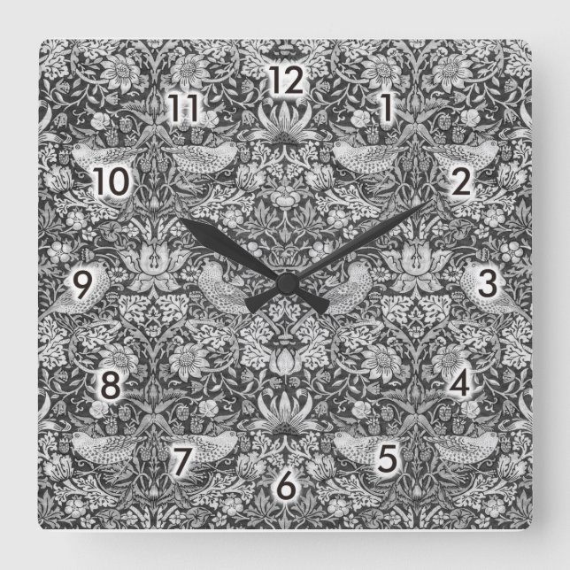 Strawberry Thief Grey, William Morris Square Wall Clock (Front)