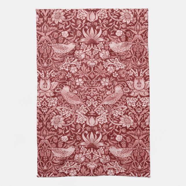Strawberry Thief Maroon, William Morris Kitchen Towel (Vertical)