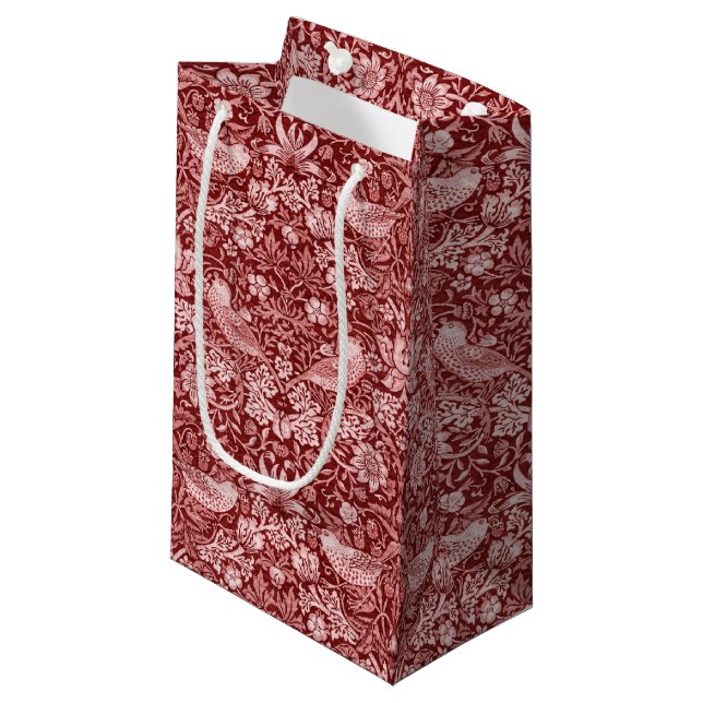 Strawberry Thief Maroon, William Morris Small Gift Bag (Front Angled)