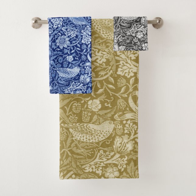 Strawberry Thief Monotone, William Morris Bath Towel Set (Insitu)