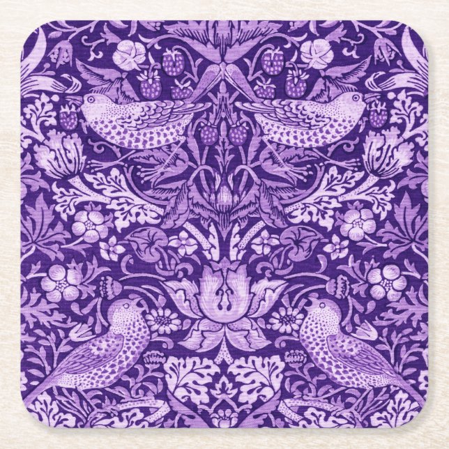Strawberry Thief Purple, William Morris Square Paper Coaster (Front)