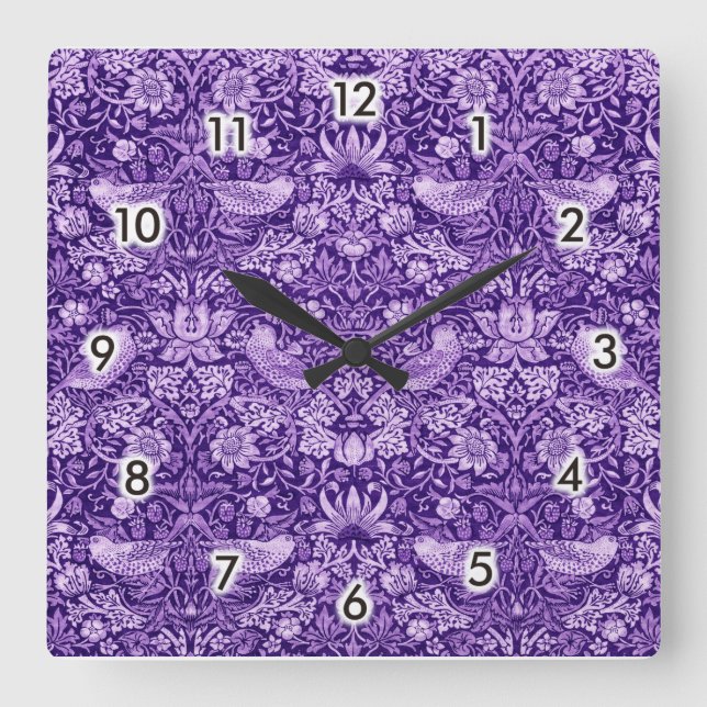 Strawberry Thief Purple, William Morris Square Wall Clock (Front)