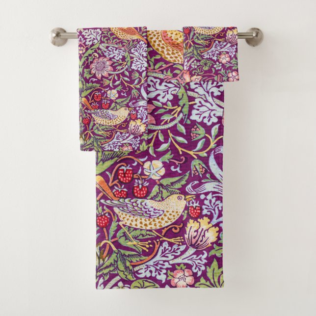Strawberry Thief Red, William Morris Bath Towel Set (Insitu)