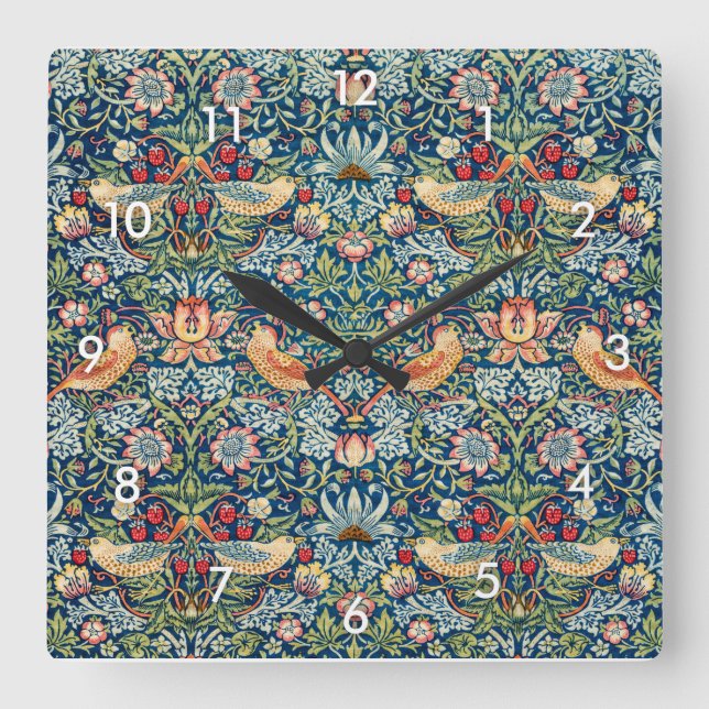 Strawberry Thief, William Morris Square Wall Clock (Front)
