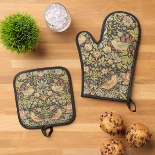 Strawberry Thieves by William Morris, Vintage Art Oven Mitt & Pot Holder Set