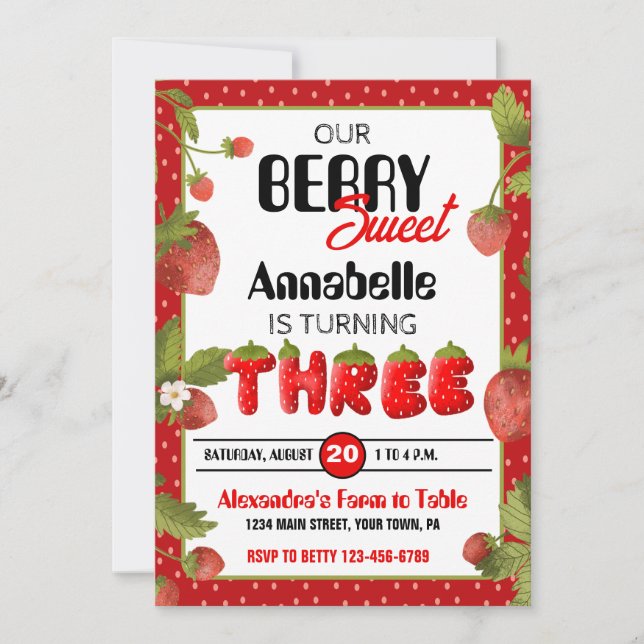 Strawberry Third Birthday Party Invitation (Front)