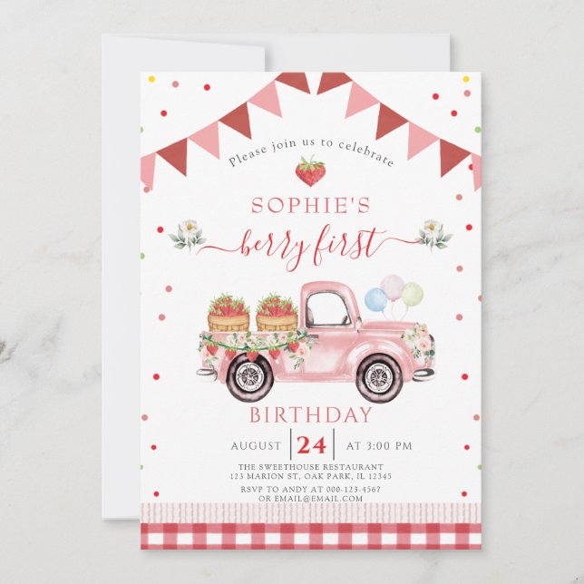 Strawberry Truck Sweet Berry First Birthday Invitation (Front)