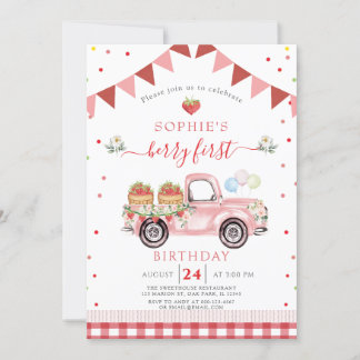 Strawberry Truck Sweet Berry First Birthday Invitation