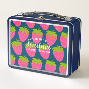 Strawberry Turquoise Blue Metal Lunch Box
