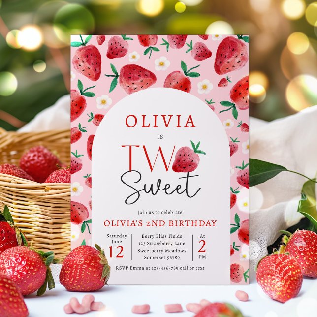 Strawberry Two Sweet Berry 2nd Birthday Party Invitation (Creator Uploaded)