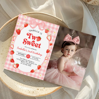 Strawberry Two Sweet Berry 2nd Birthday Photo Invitation