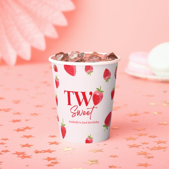 Strawberry Two Sweet Pink Red 2nd Birthday Party Paper Cups (Insitu)