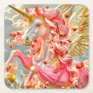 Strawberry Unicorn Square Paper Coaster