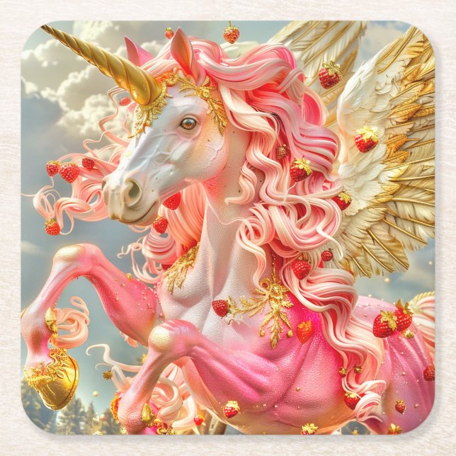 Strawberry Unicorn Square Paper Coaster (Front)