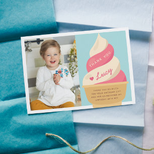 Strawberry Vanilla Ice Cream Kids Birthday Photo Thank You Card