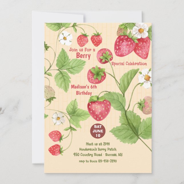 Strawberry Vine Berry Picking Party Invitation (Front)