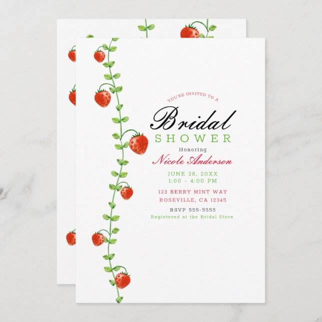 Strawberry Vine Red Berries Bridal Shower Invitation (Front/Back)