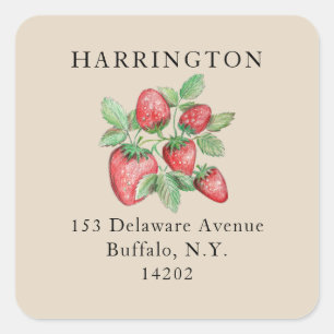 Strawberry Vintage Hand-Drawn Taupe Return Address Square Sticker